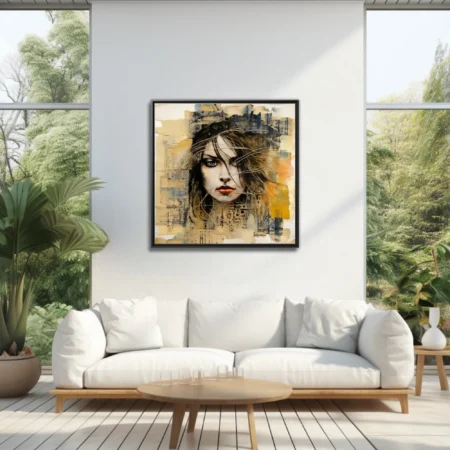 Expressive mixed-media female portrait, earth tones and blue, windswept hair, collage textures