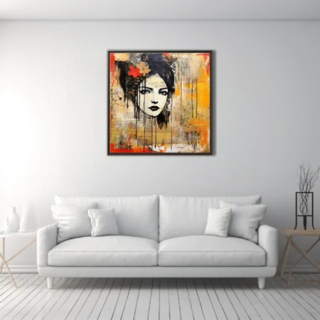 Street art mixed-media female portrait with ink drips, collage textures, red and amber tones