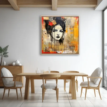 Street art mixed-media female portrait with ink drips, collage textures, red and amber tones