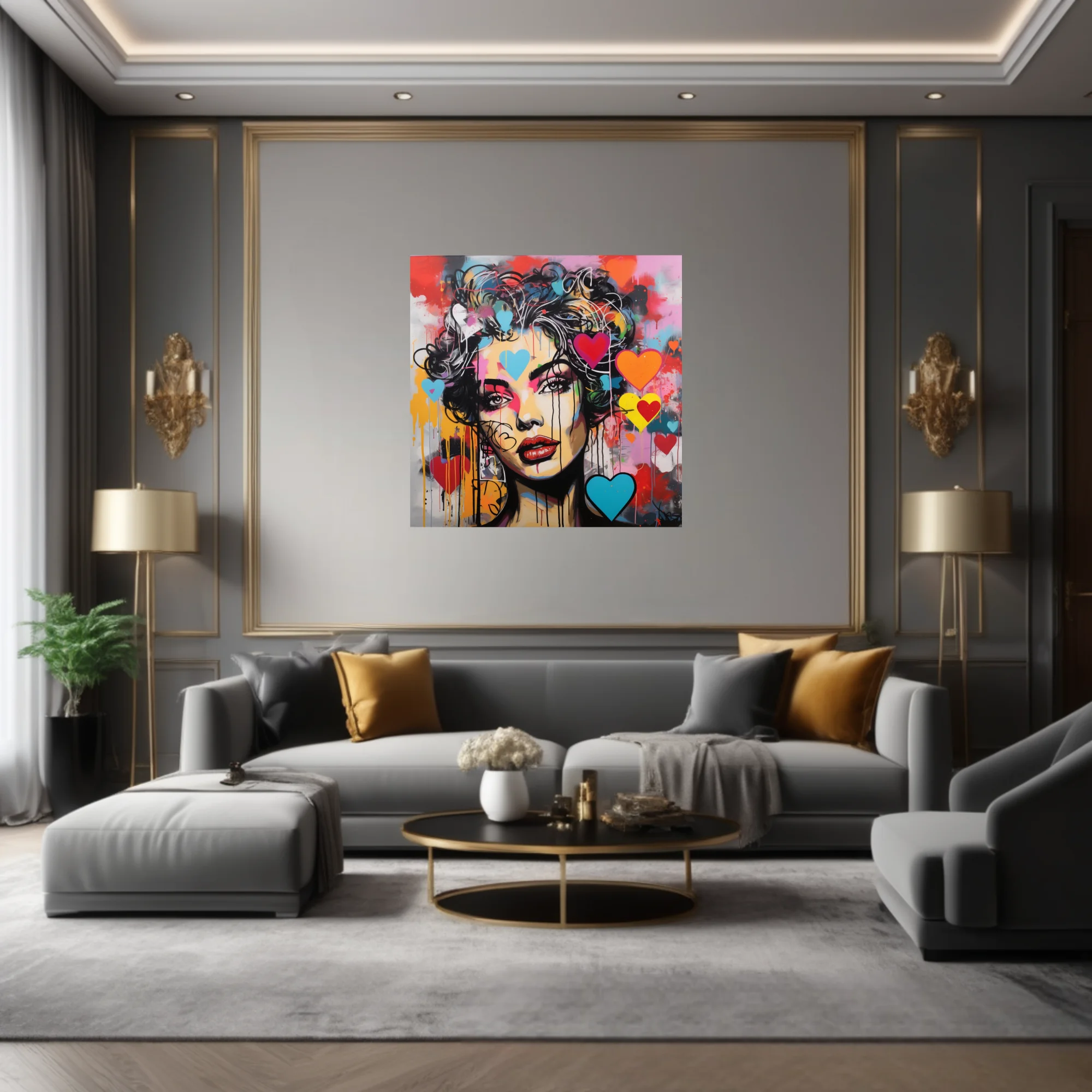 Bold-graphic graffiti portrait of a woman with neon hearts and dripping paint