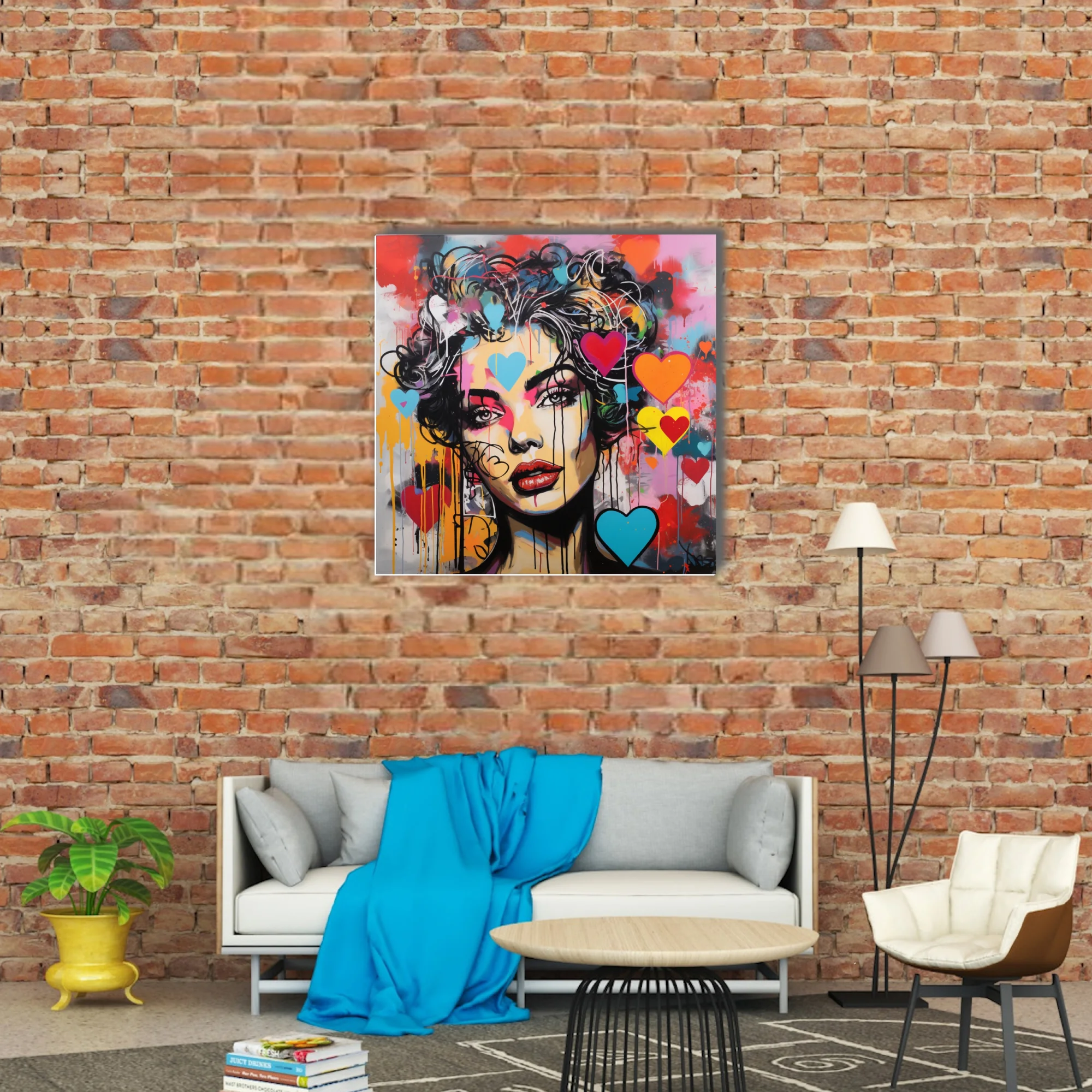 Bold-graphic graffiti portrait of a woman with neon hearts and dripping paint