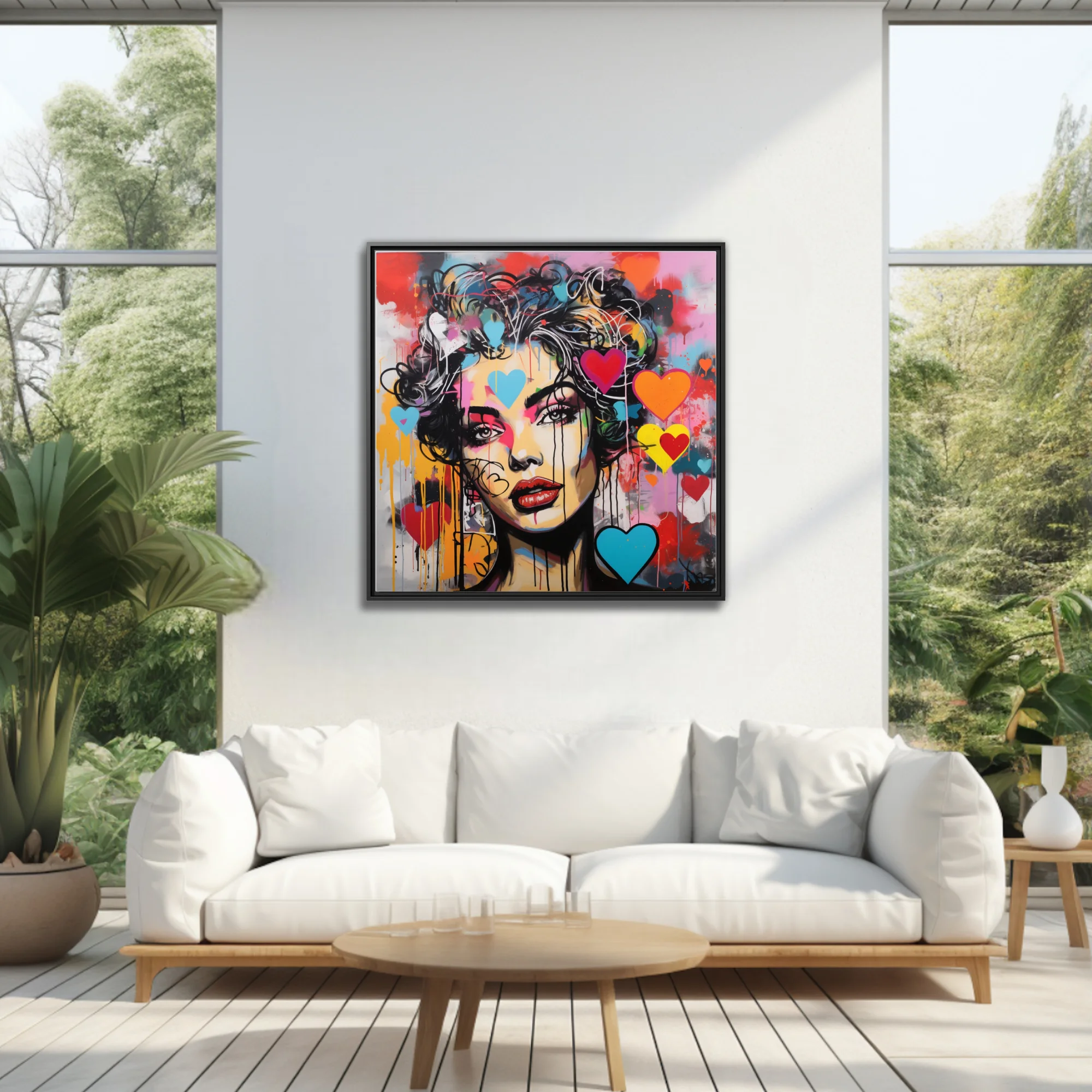 Bold-graphic graffiti portrait of a woman with neon hearts and dripping paint