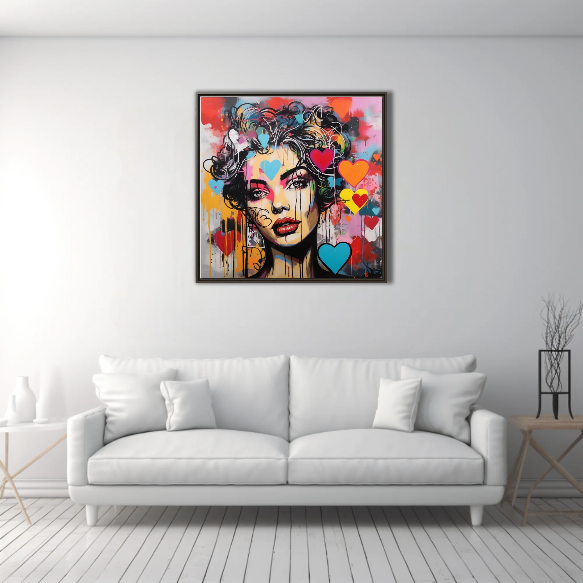 Bold-graphic graffiti portrait of a woman with neon hearts and dripping paint