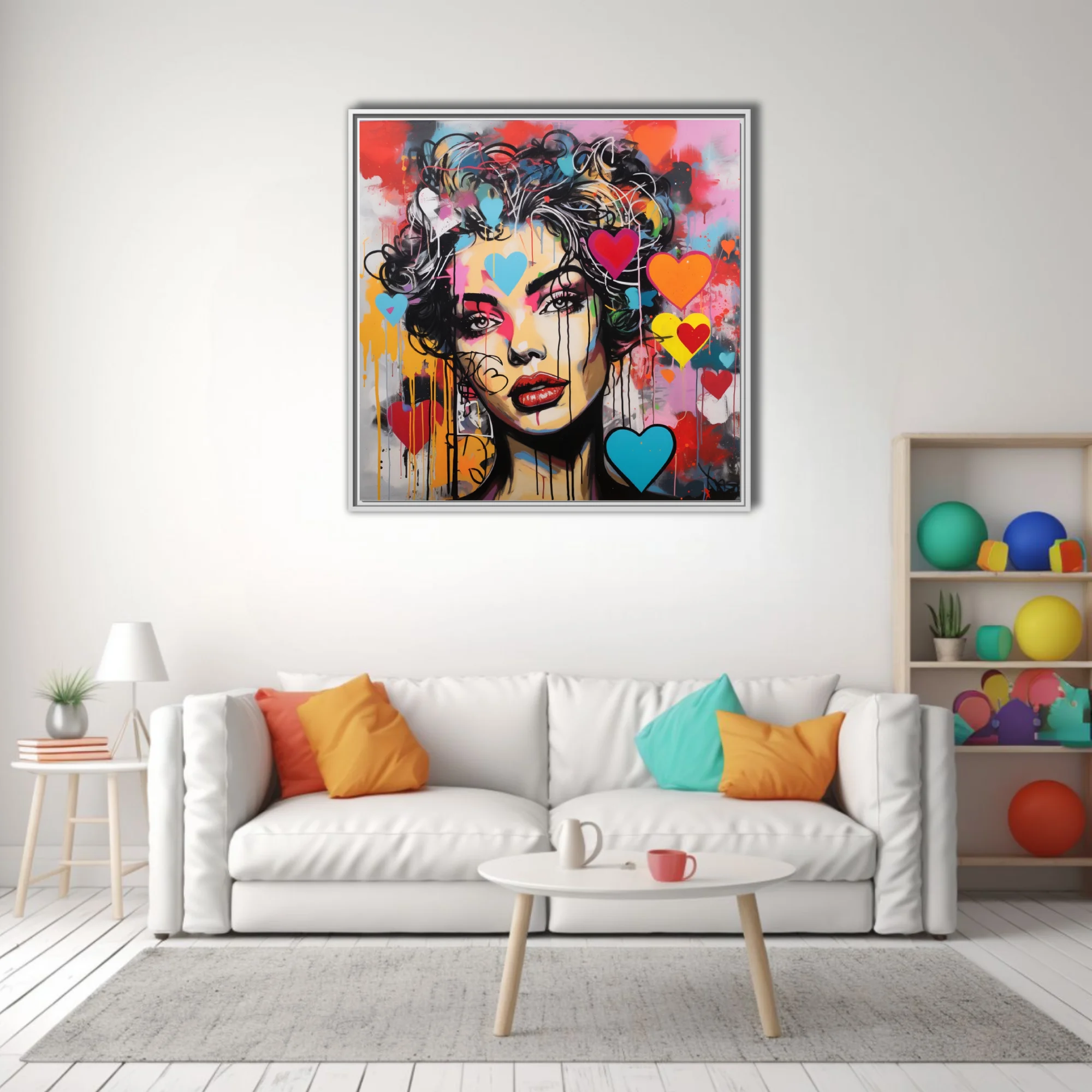 Bold-graphic graffiti portrait of a woman with neon hearts and dripping paint