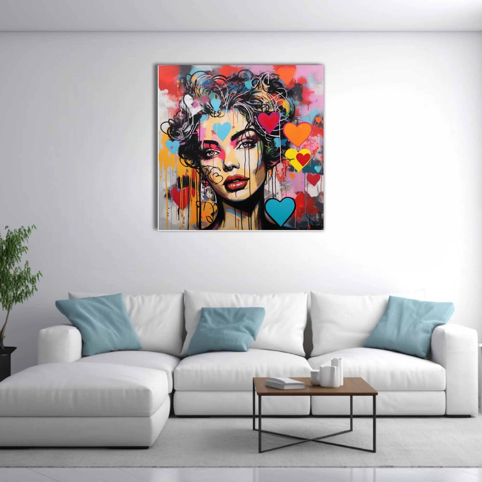 Bold-graphic graffiti portrait of a woman with neon hearts and dripping paint