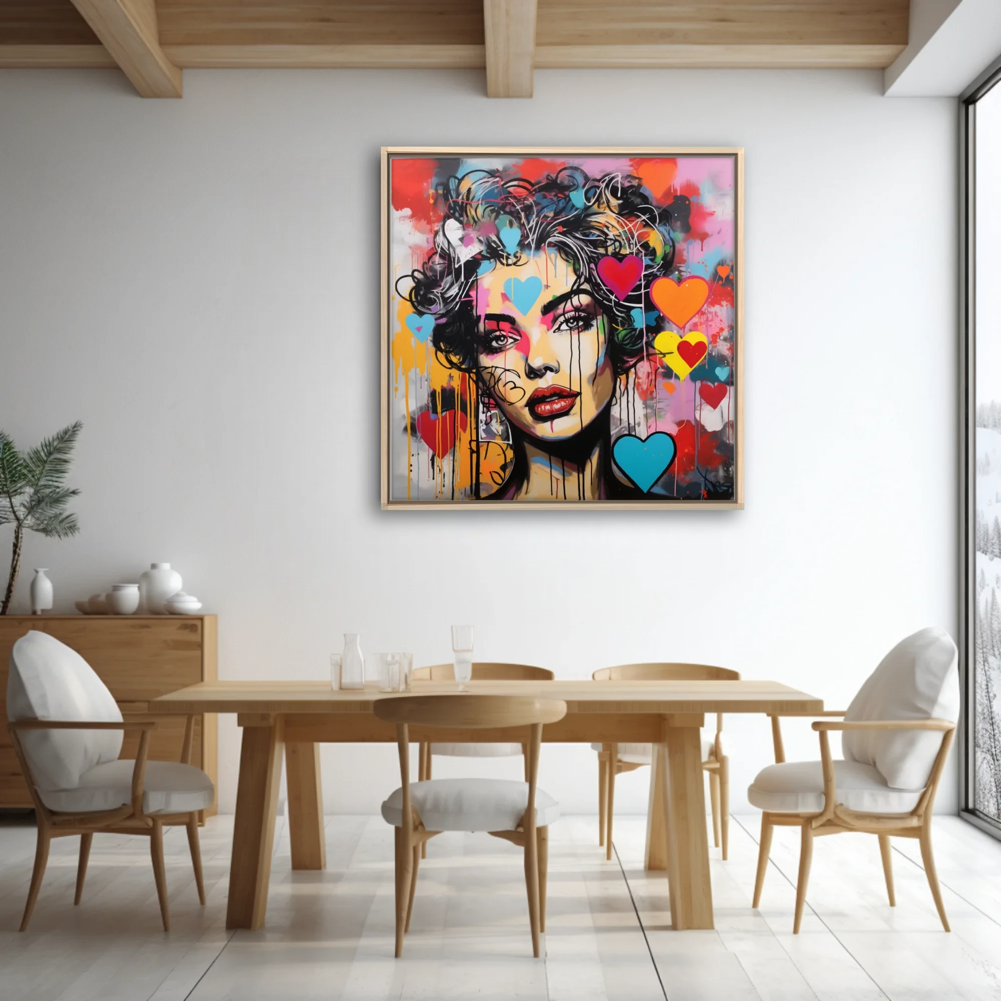 Bold-graphic graffiti portrait of a woman with neon hearts and dripping paint