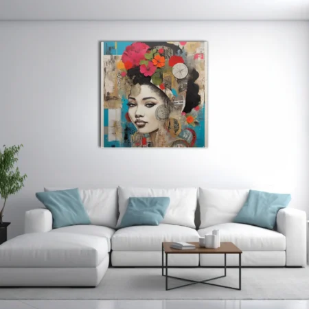 Collage-style woman portrait with floral crown, turquoise tones, newsprint textures