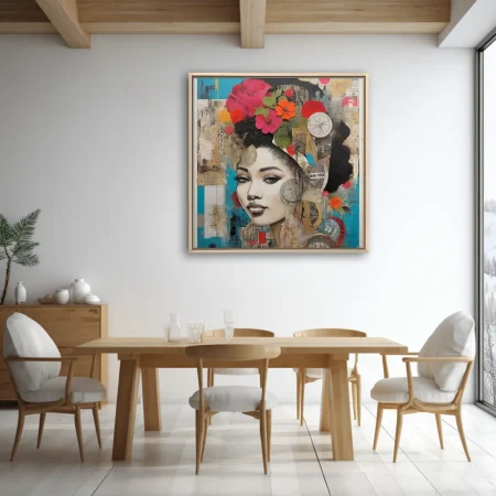 Collage-style woman portrait with floral crown, turquoise tones, newsprint textures