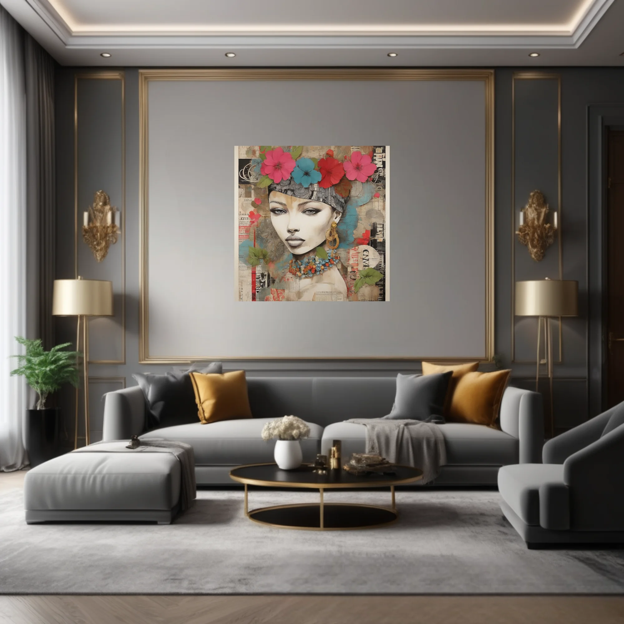 Bold-graphic bohemian collage portrait woman floral crown teal pink newsprint background