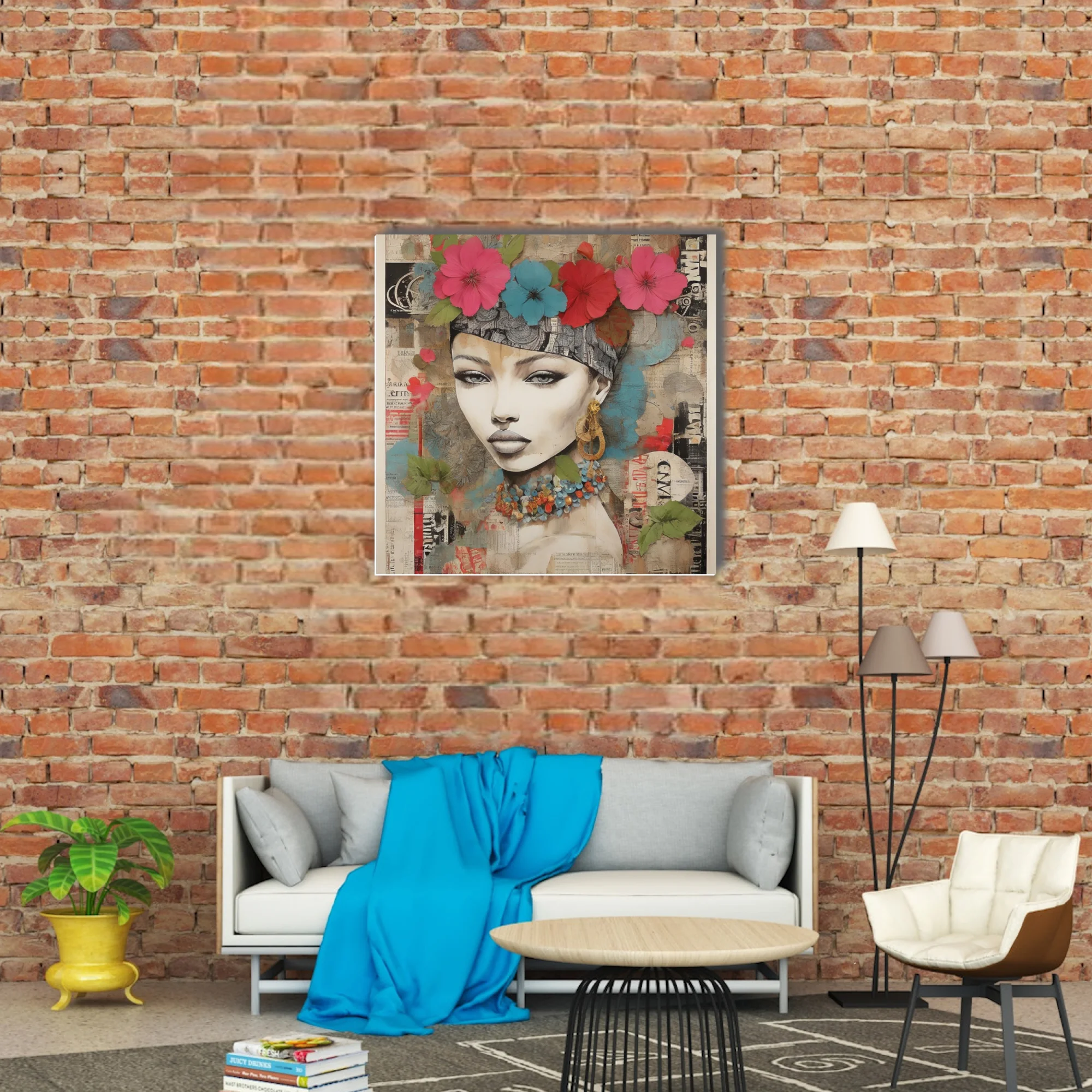 Bold-graphic bohemian collage portrait woman floral crown teal pink newsprint background