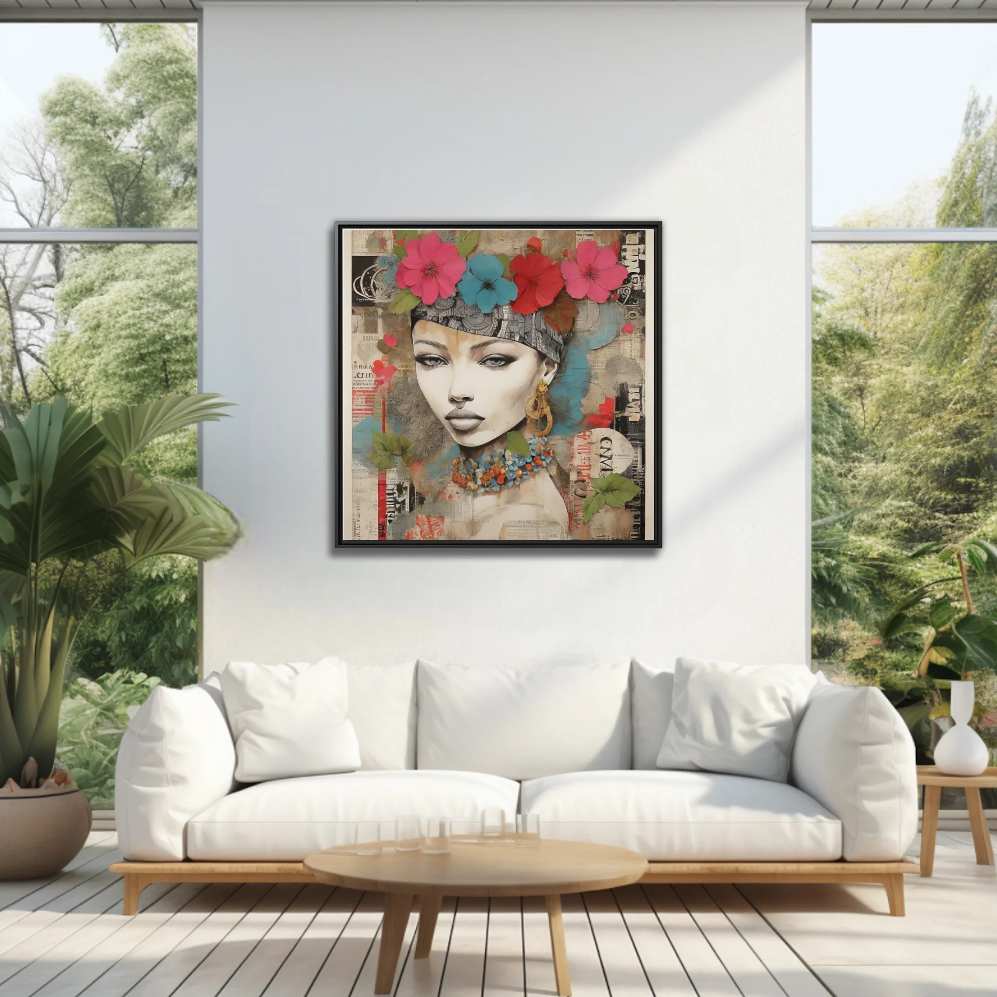 Bold-graphic bohemian collage portrait woman floral crown teal pink newsprint background
