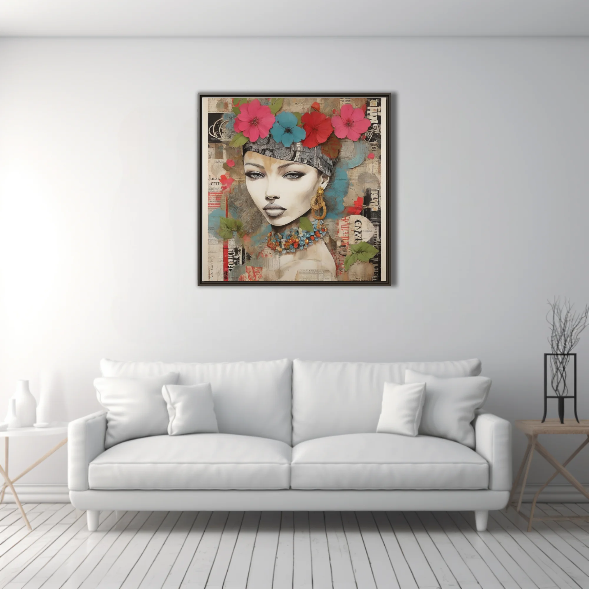 Bold-graphic bohemian collage portrait woman floral crown teal pink newsprint background