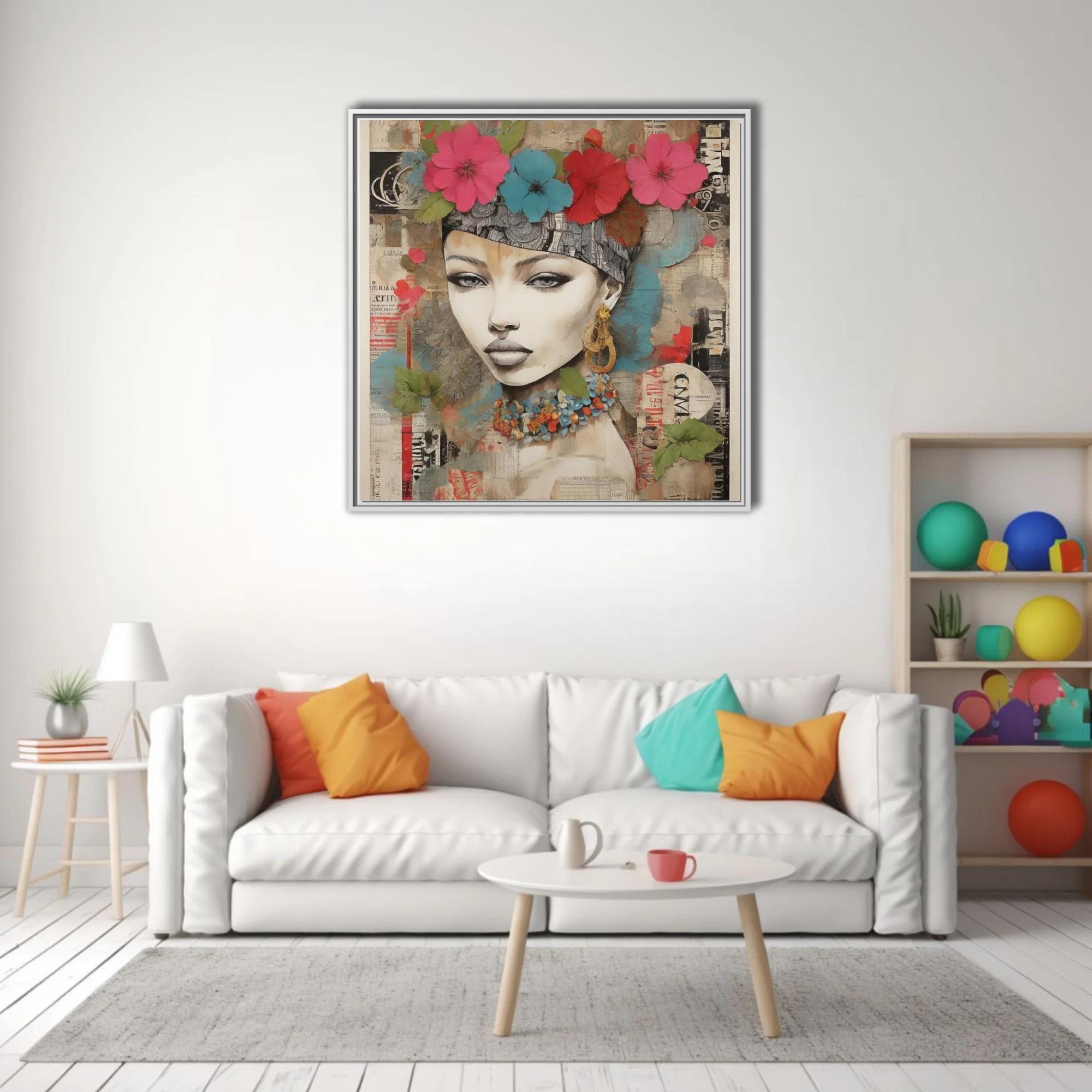 Bold-graphic bohemian collage portrait woman floral crown teal pink newsprint background