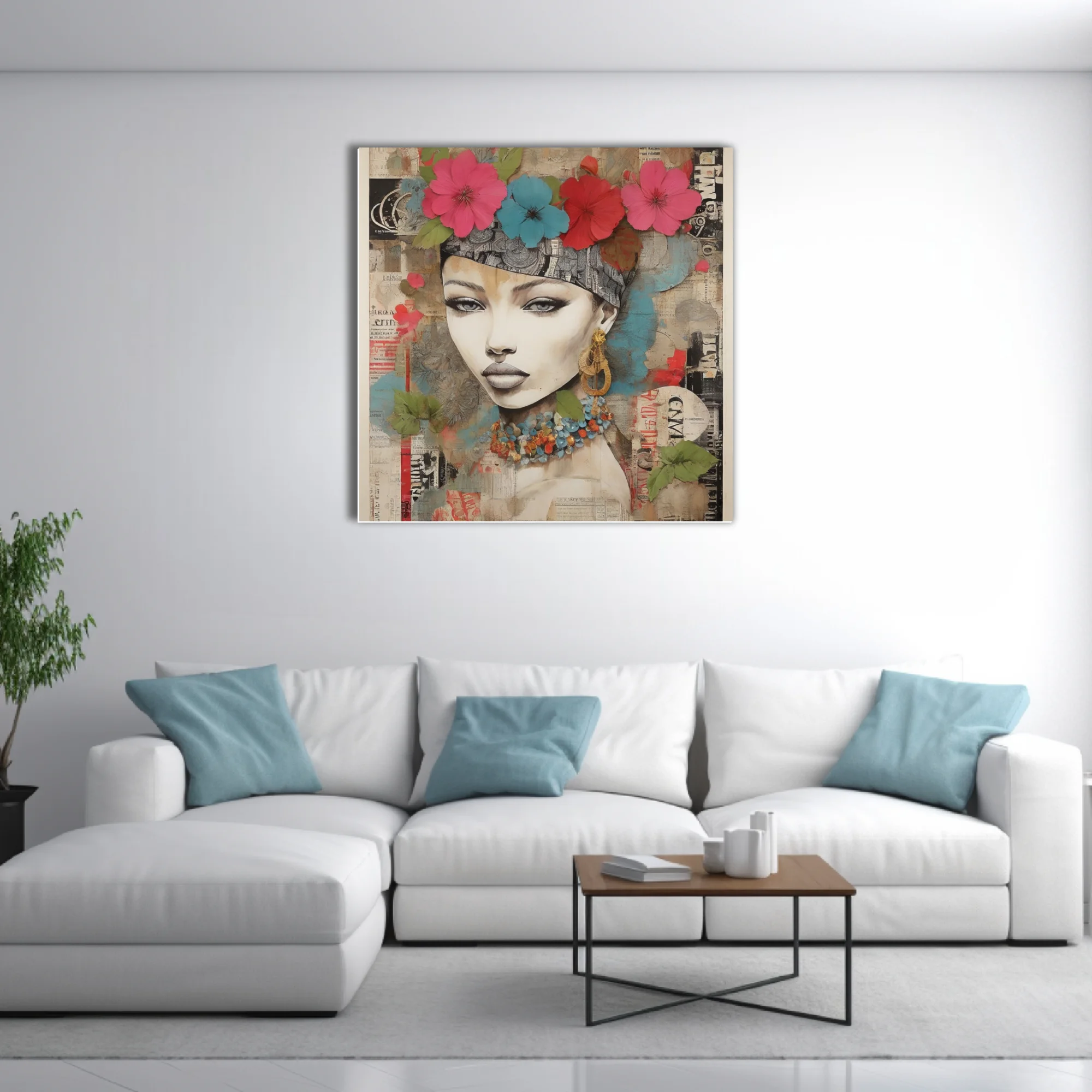 Bold-graphic bohemian collage portrait woman floral crown teal pink newsprint background