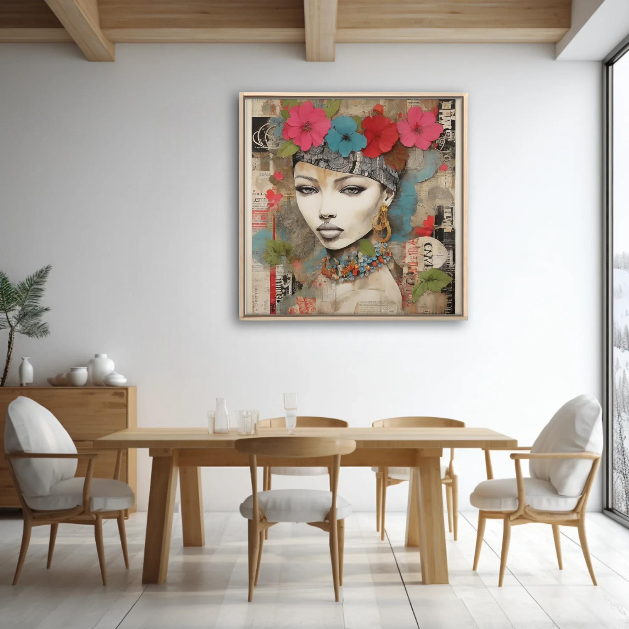 Bold-graphic bohemian collage portrait woman floral crown teal pink newsprint background