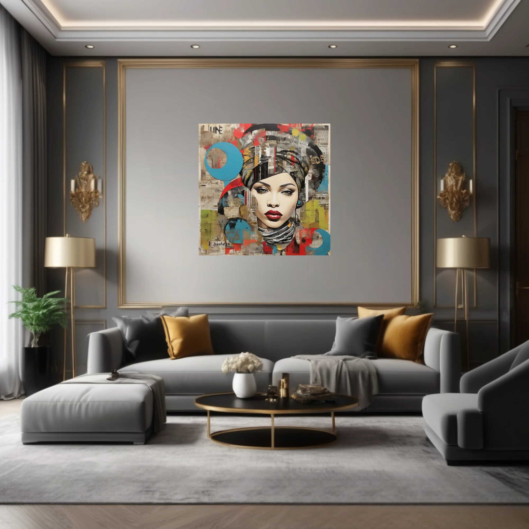 Bold-graphic collage female portrait, red lips, bold palette, urban newsprint textures