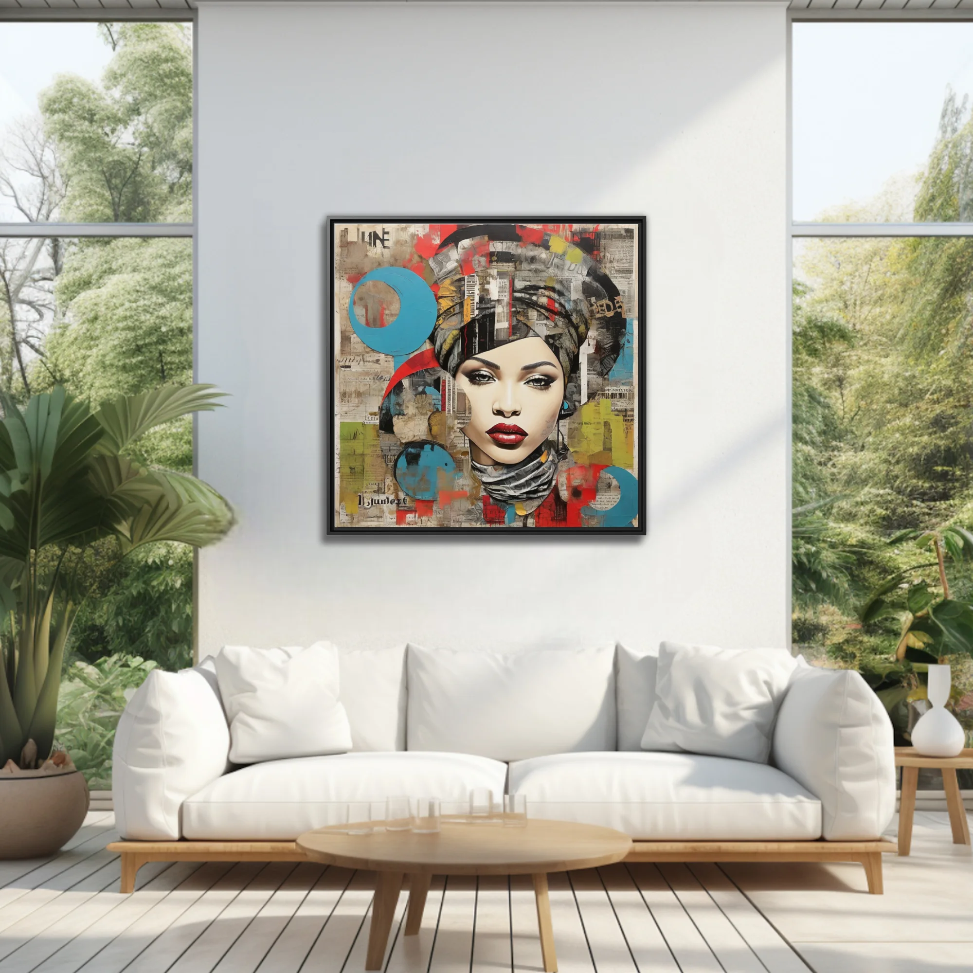 Bold-graphic collage female portrait, red lips, bold palette, urban newsprint textures