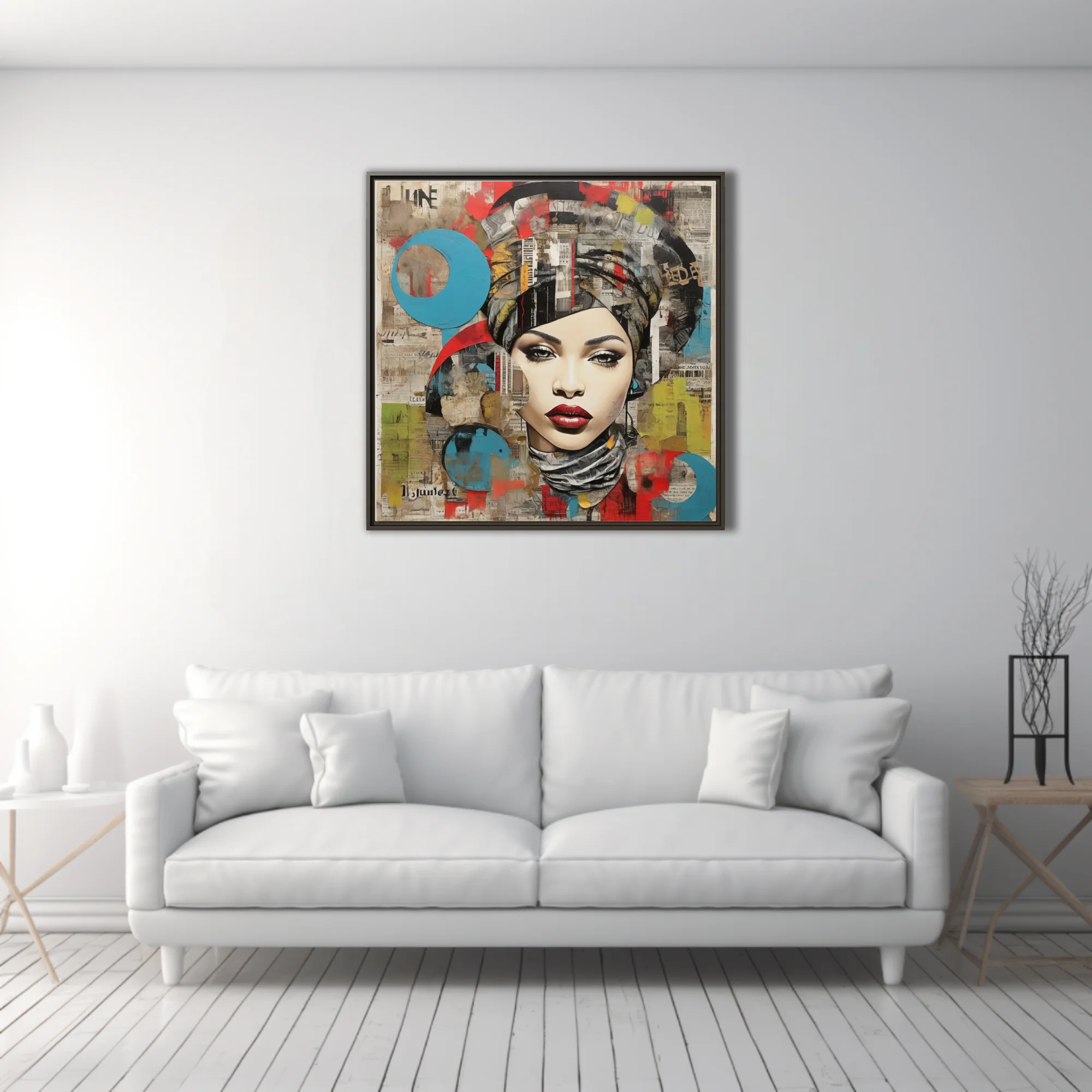 Bold-graphic collage female portrait, red lips, bold palette, urban newsprint textures
