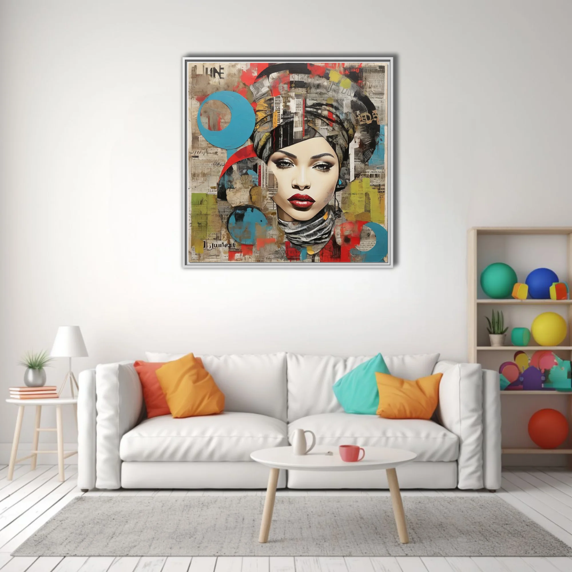 Bold-graphic collage female portrait, red lips, bold palette, urban newsprint textures