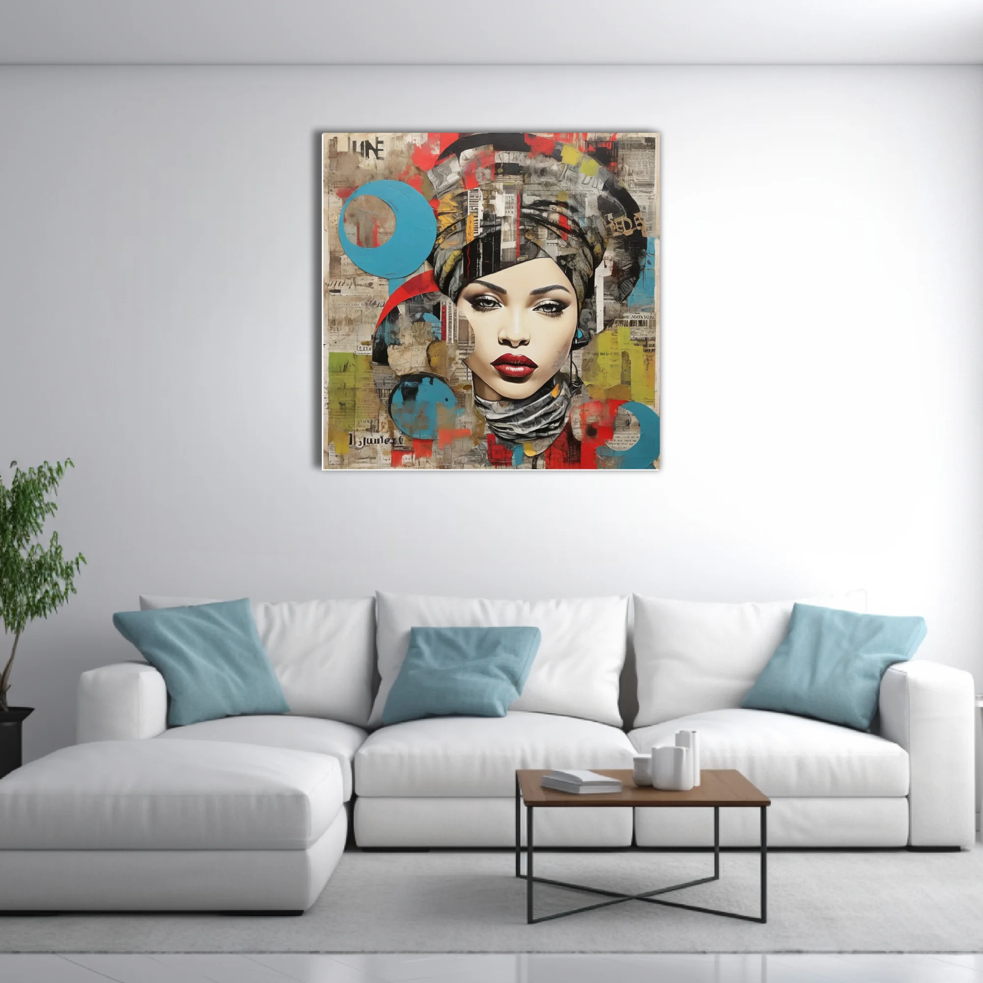 Bold-graphic collage female portrait, red lips, bold palette, urban newsprint textures