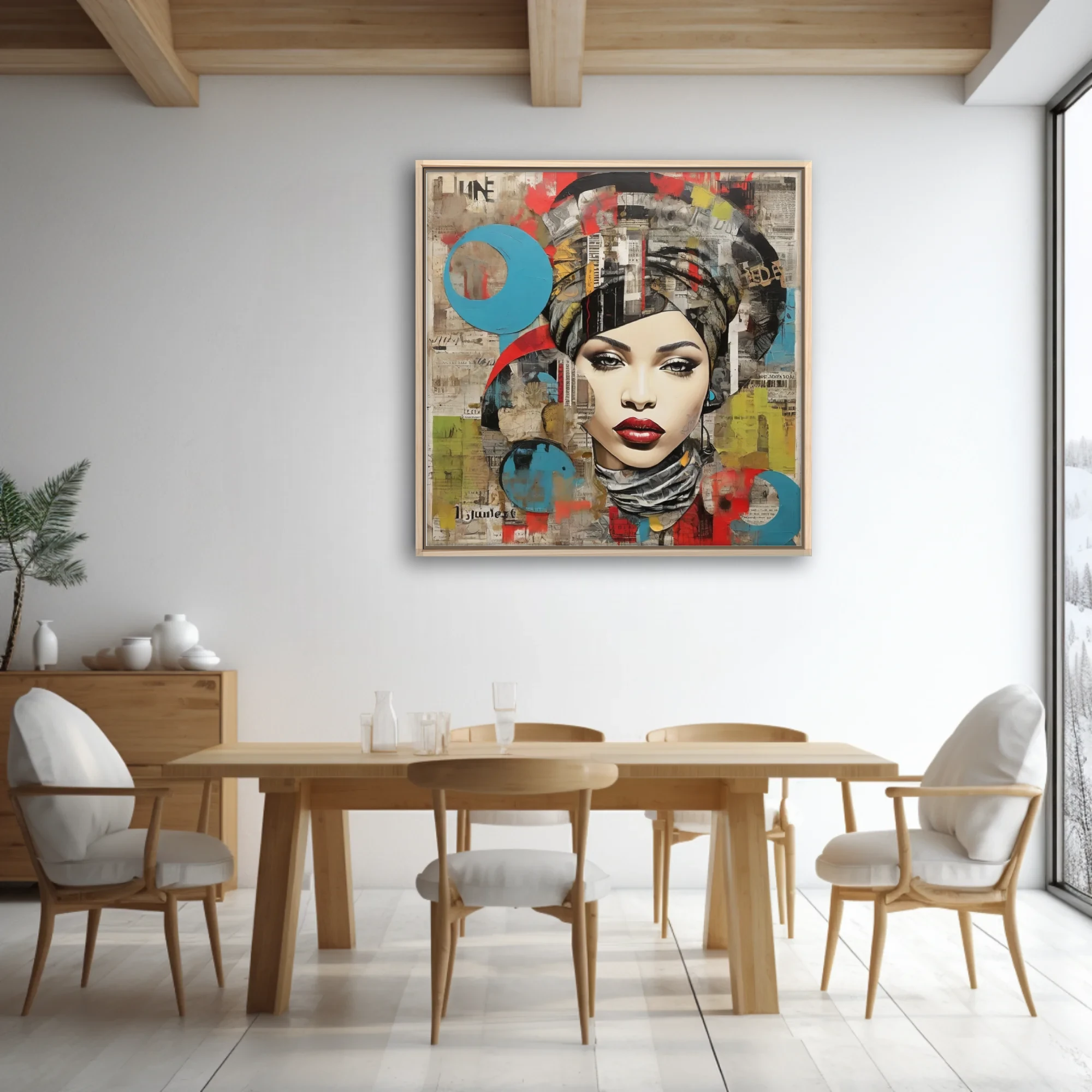 Bold-graphic collage female portrait, red lips, bold palette, urban newsprint textures
