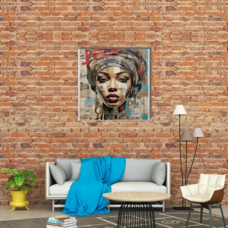 Mixed-media collage-style portrait of a woman with red lips and head wrap, newsprint textures