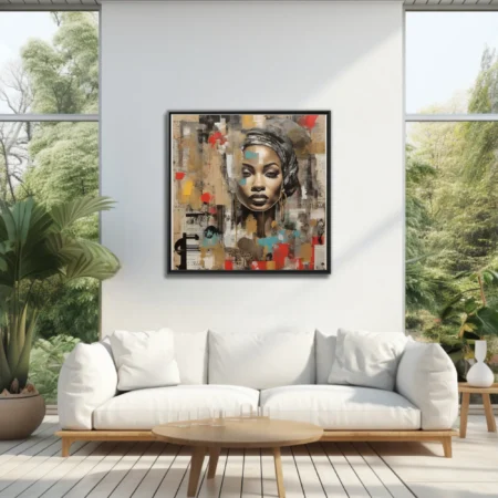 Mixed-media collage portrait of a woman, gold teal red charcoal newsprint texture