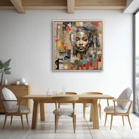 Mixed-media collage portrait of a woman, gold teal red charcoal newsprint texture