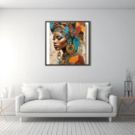 Bold collage-style African portrait with colorful head wrap and gold jewelry on newsprint background