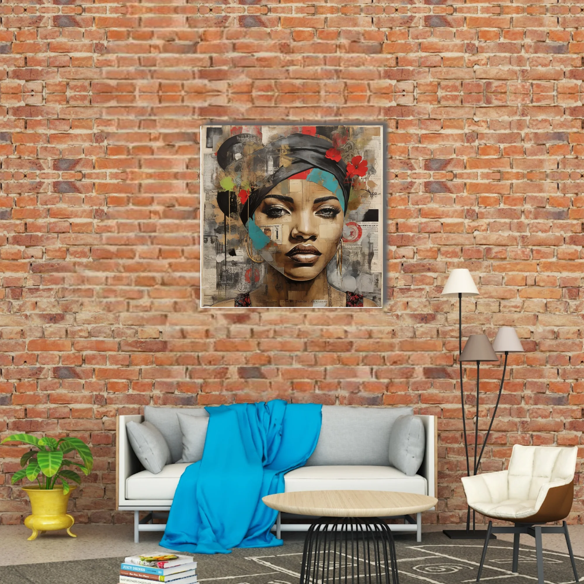 Mixed-media collage portrait of a woman in a head wrap, teal and red accents