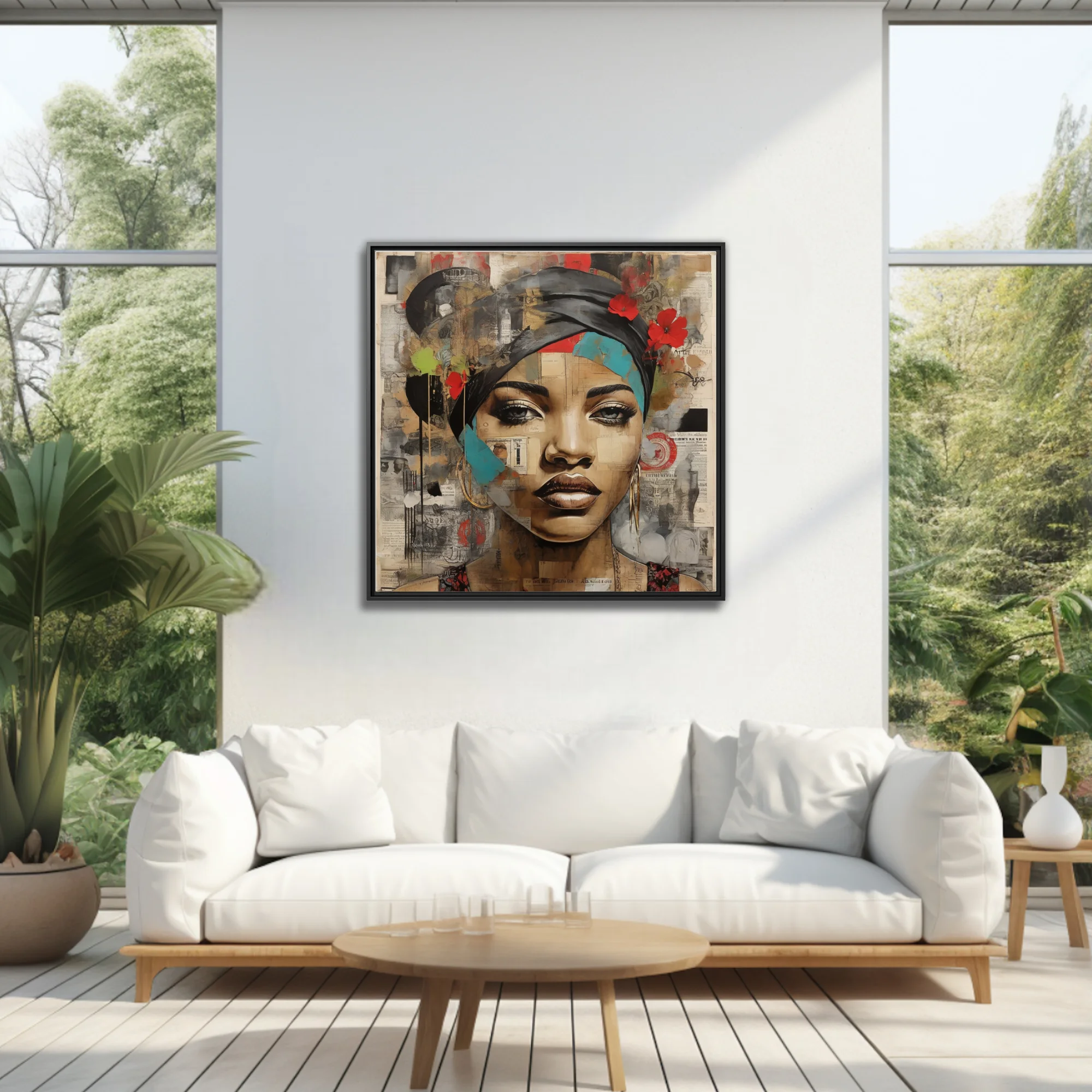 Mixed-media collage portrait of a woman in a head wrap, teal and red accents