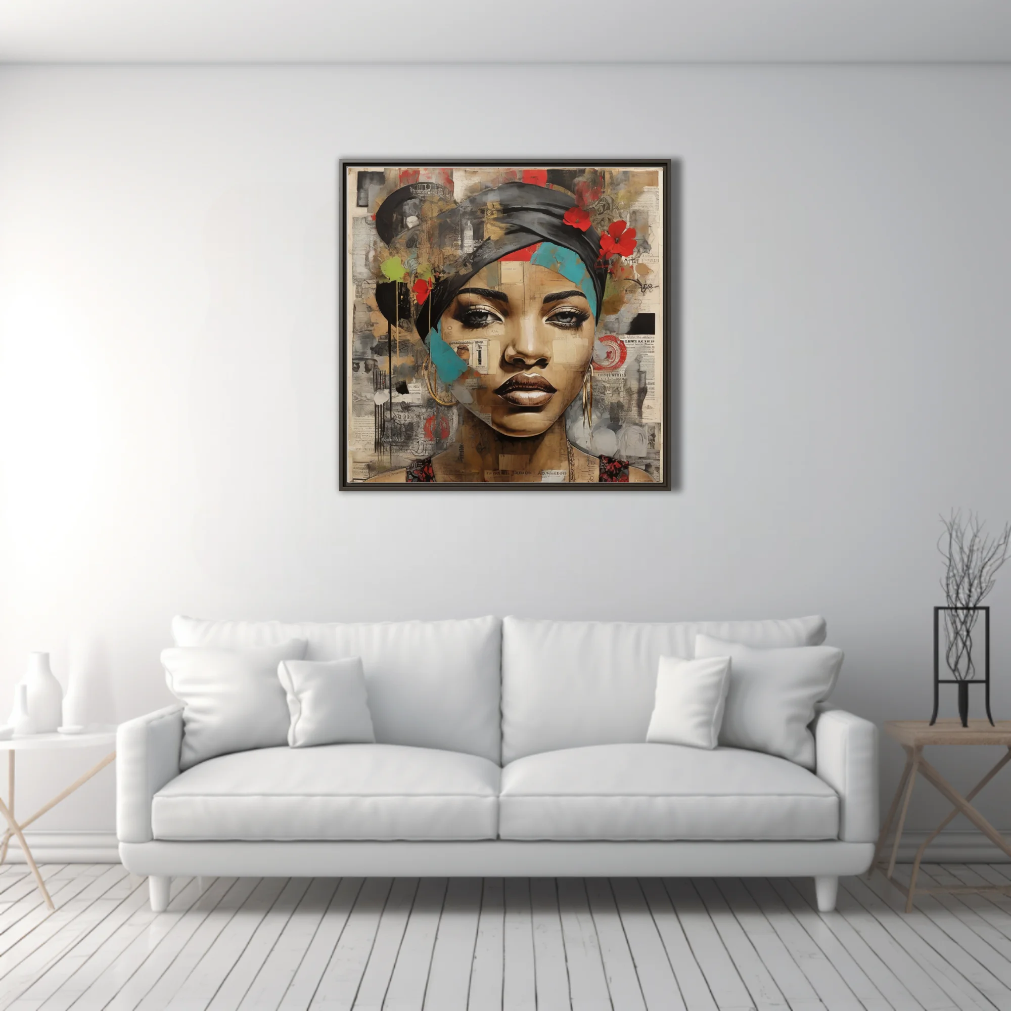 Mixed-media collage portrait of a woman in a head wrap, teal and red accents