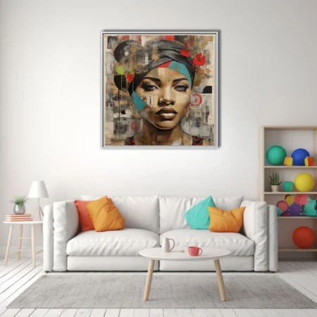 Mixed-media collage portrait of a woman in a head wrap, teal and red accents