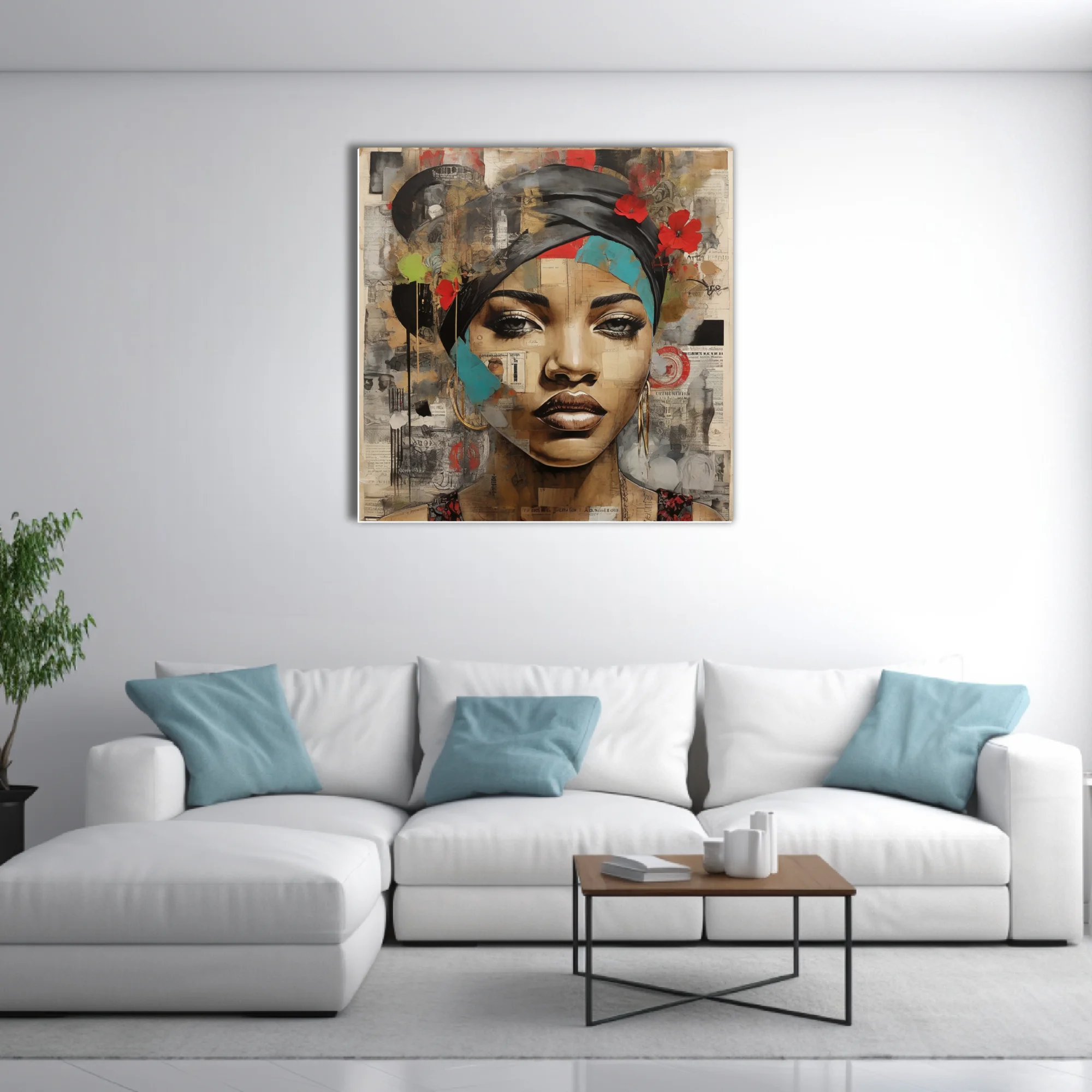 Mixed-media collage portrait of a woman in a head wrap, teal and red accents