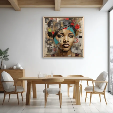 Mixed-media collage portrait of a woman in a head wrap, teal and red accents