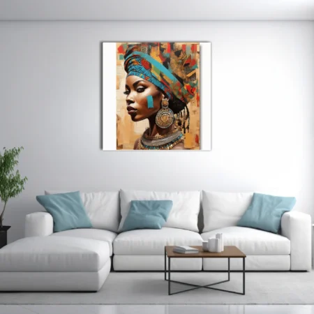 Mixed-media collage portrait of woman in African headwrap, turquoise and ochre tones