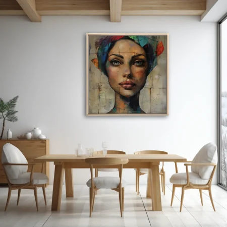 Abstract mixed-media female portrait with teal collage elements and earthy tones