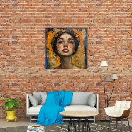 Contemporary mixed-media portrait of a young woman in ochre, amber, and teal with weathered textures
