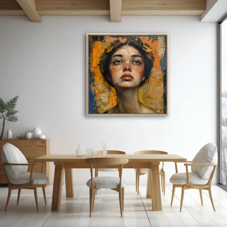 Contemporary mixed-media portrait of a young woman in ochre, amber, and teal with weathered textures