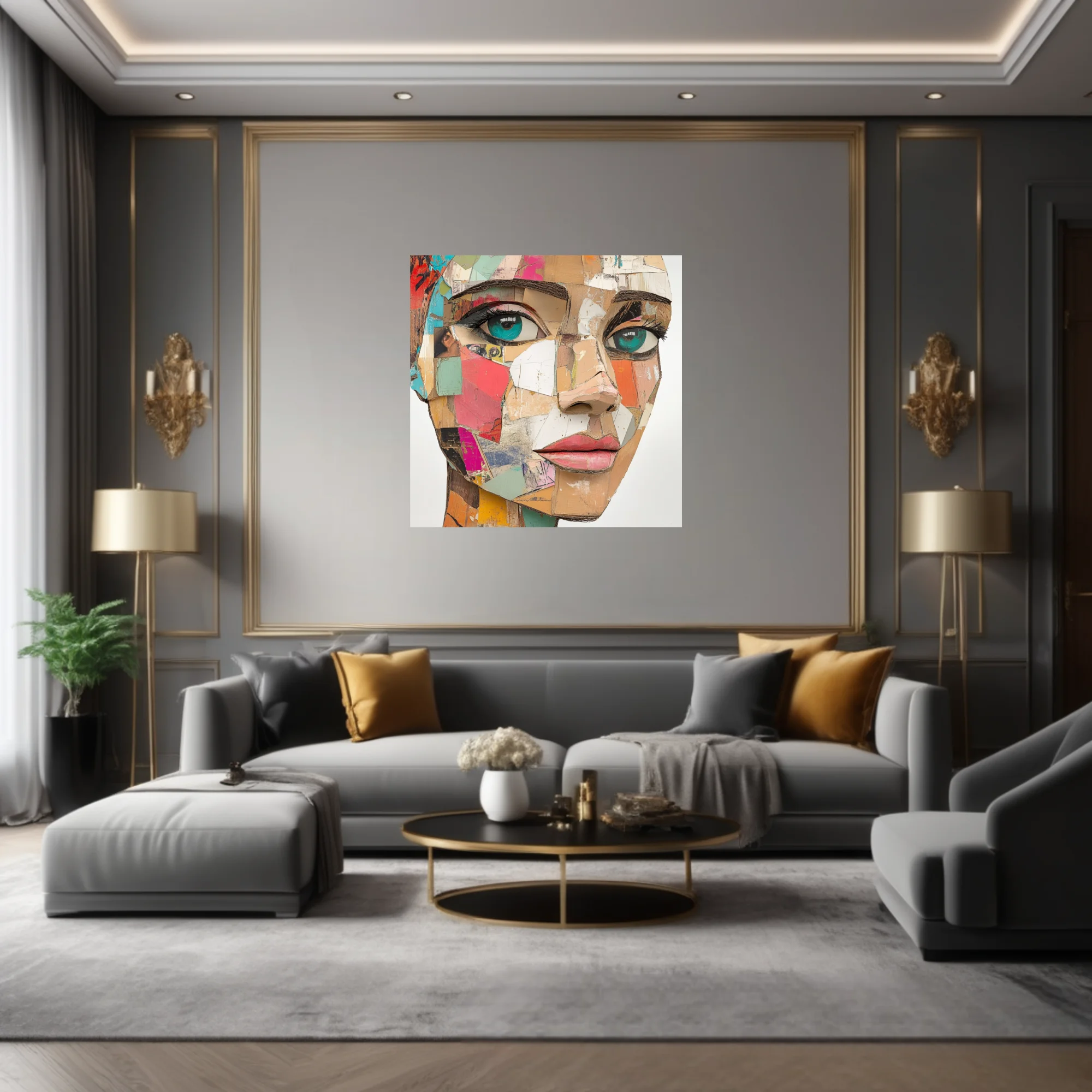 Abstract collage-style female portrait with teal eyes and patchwork paper textures