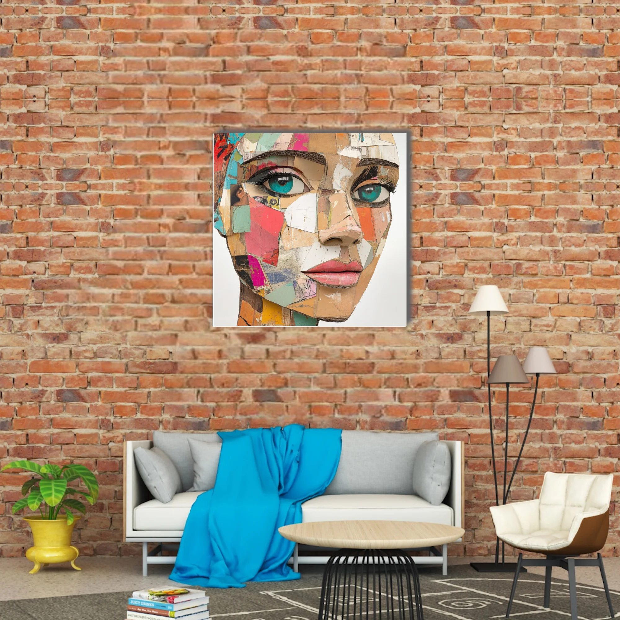Abstract collage-style female portrait with teal eyes and patchwork paper textures