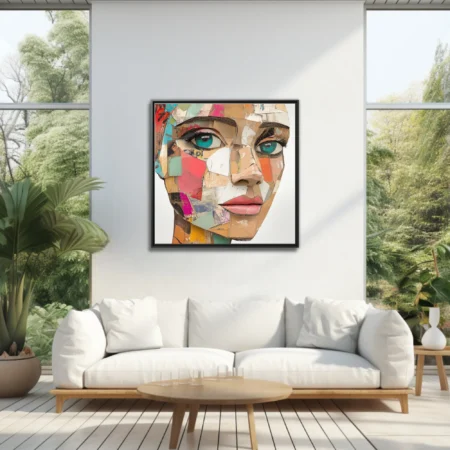 Abstract collage-style female portrait with teal eyes and patchwork paper textures