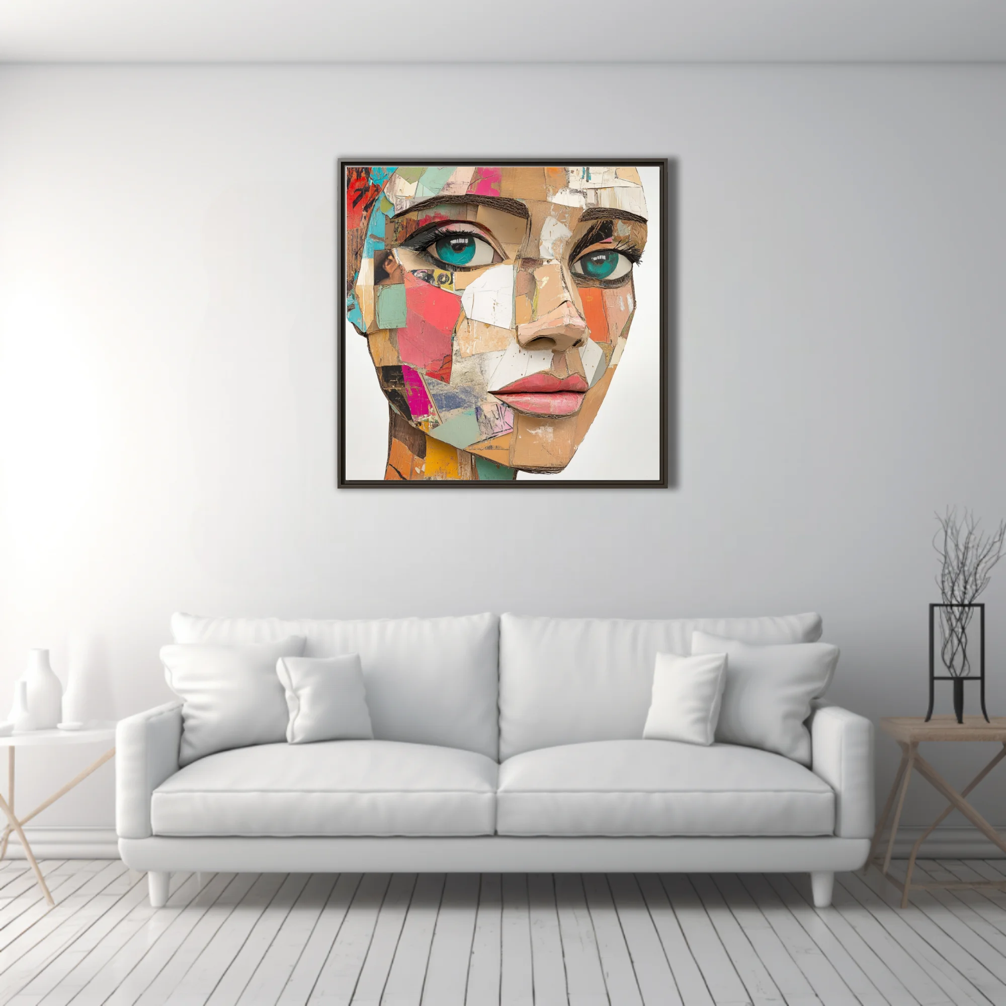 Abstract collage-style female portrait with teal eyes and patchwork paper textures