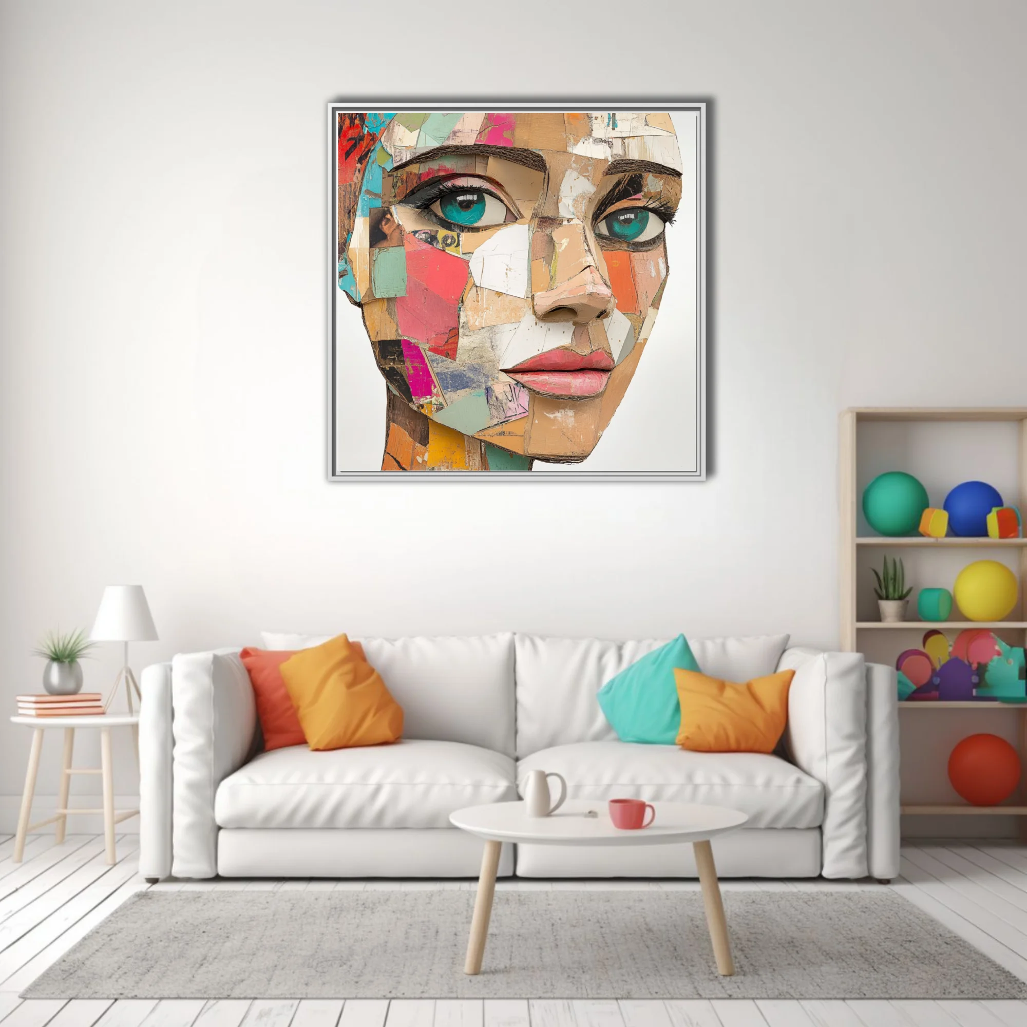 Abstract collage-style female portrait with teal eyes and patchwork paper textures