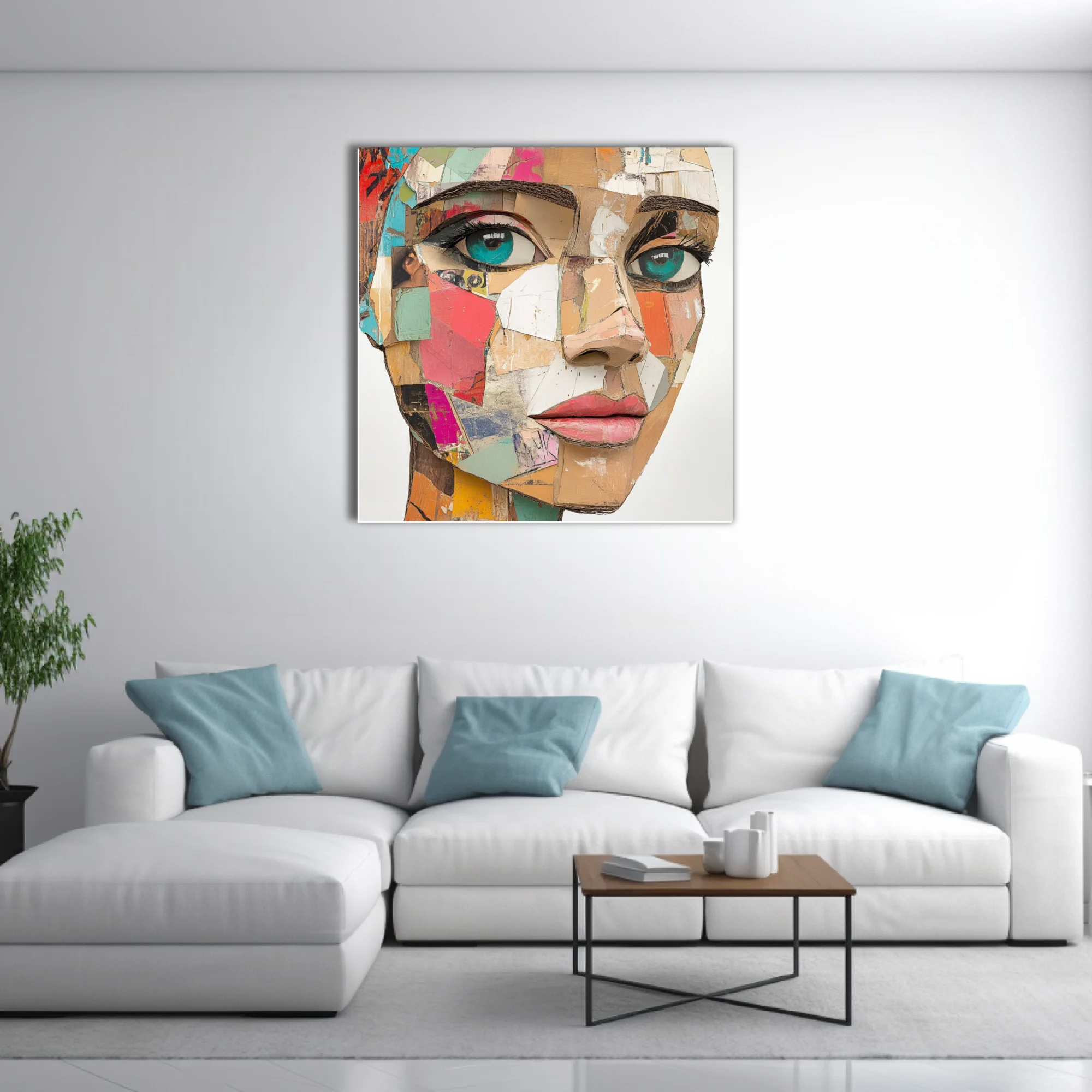 Abstract collage-style female portrait with teal eyes and patchwork paper textures