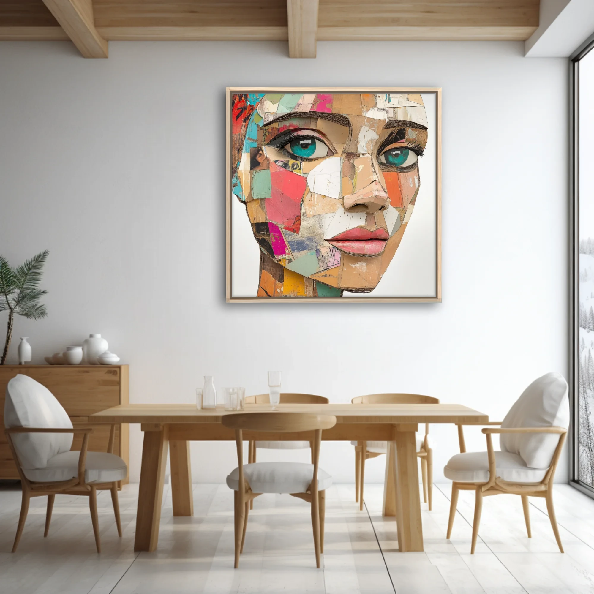 Abstract collage-style female portrait with teal eyes and patchwork paper textures