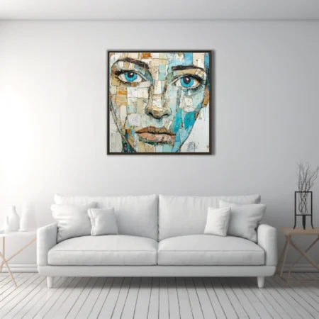 Collage-effect portrait with blue eyes in torn paper textures and aquamarine tones
