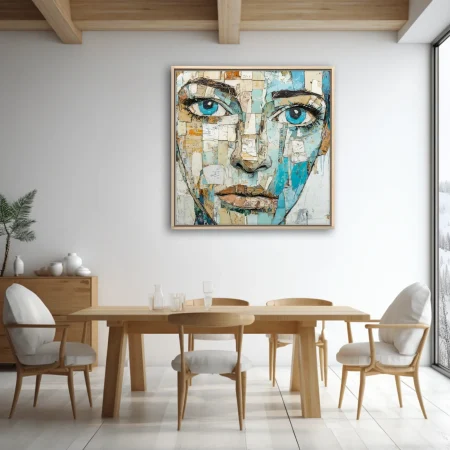 Collage-effect portrait with blue eyes in torn paper textures and aquamarine tones