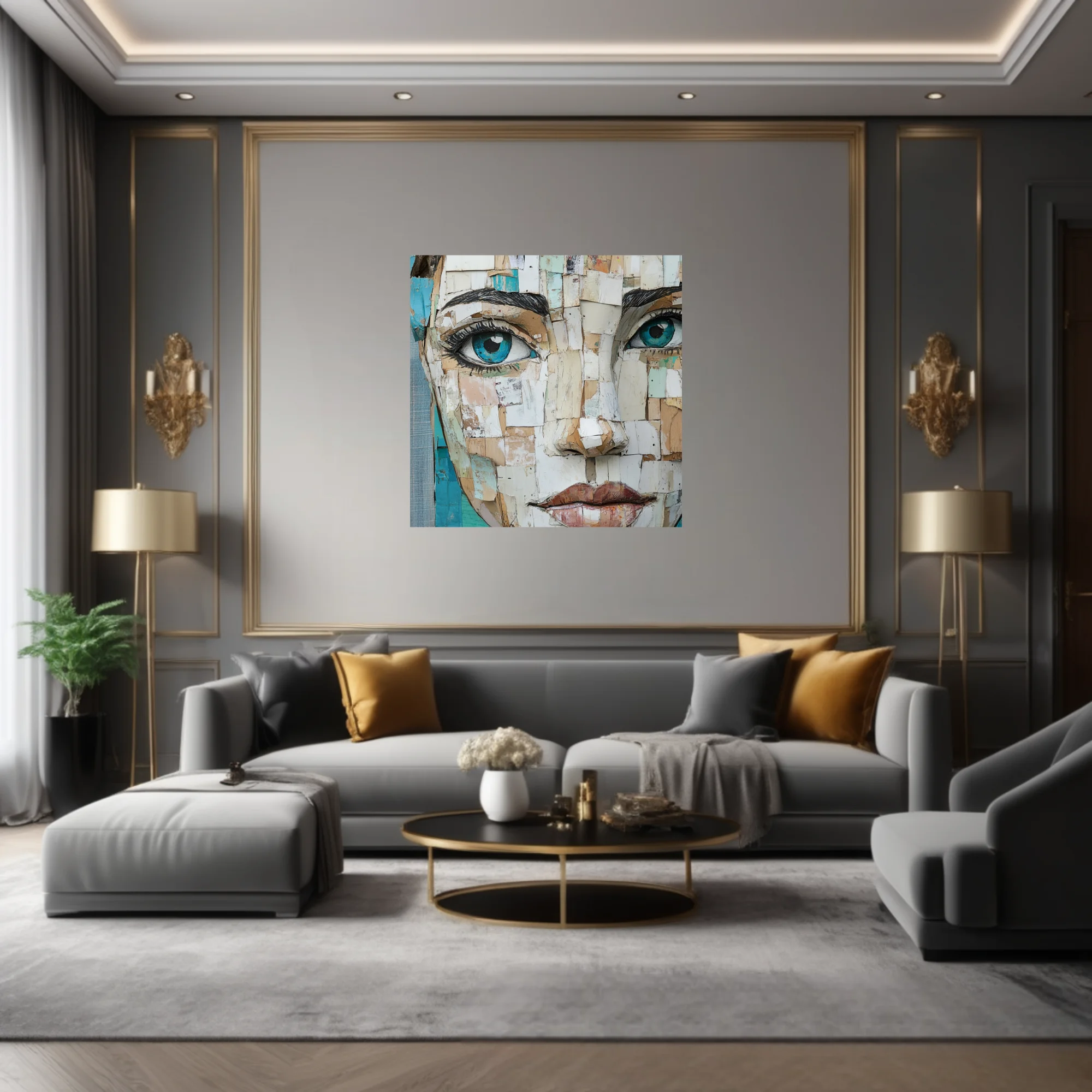 Collage-style female portrait with teal eyes, torn paper textures, earthy and teal tones