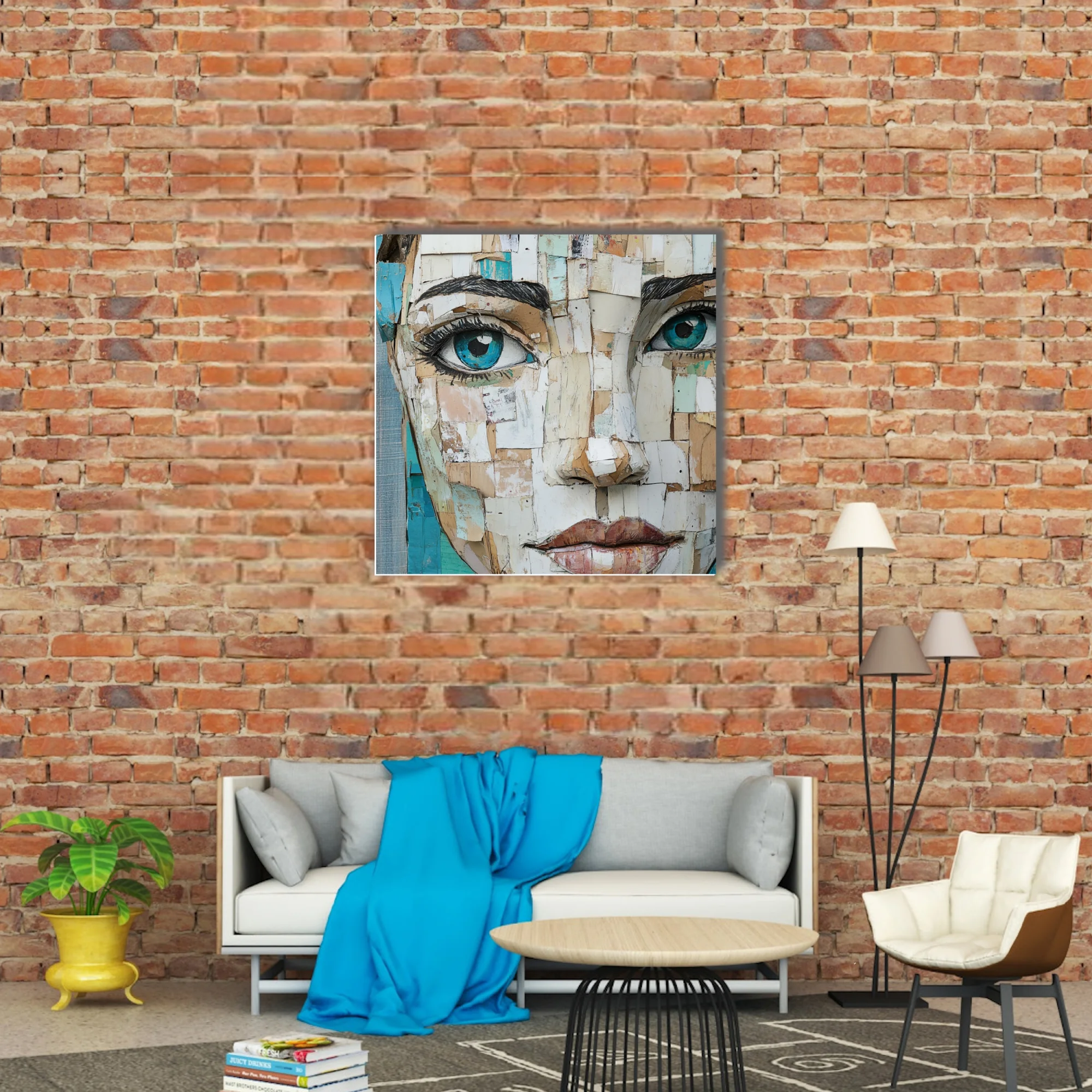 Collage-style female portrait with teal eyes, torn paper textures, earthy and teal tones